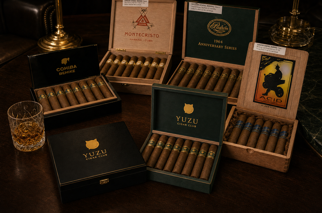 Yuzu cigar boxes on a polished lounge table