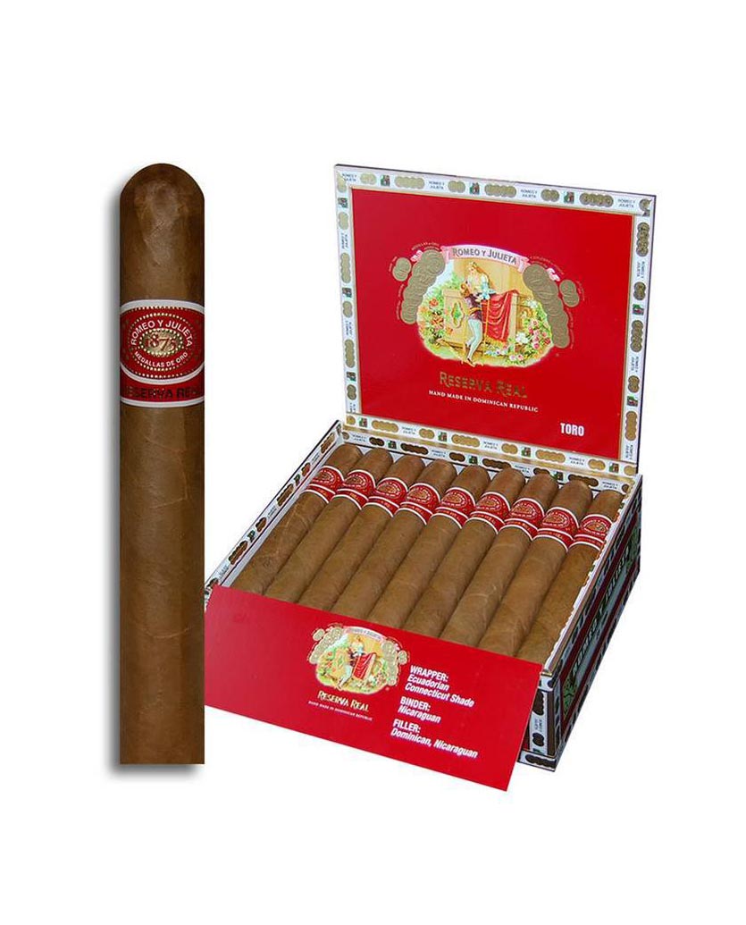 ROMEO Y JULIETA RESERVA REAL TORO 25/BX premium cigar box with Box of 25, Toro, Ecuadorian Connecticut Shade wrapper